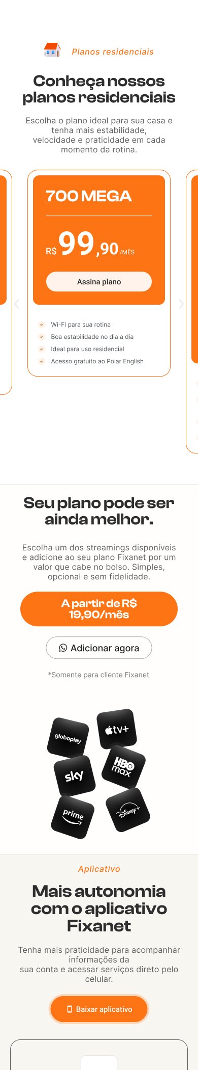Versão mobile do site Fixanet com o plano de 700 Mega